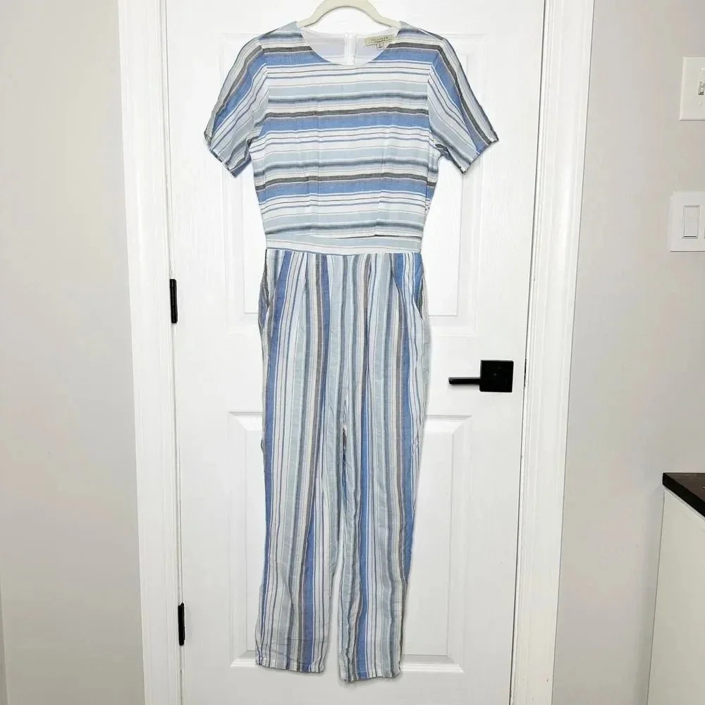 POLAGRAM Size S Blue Gray White Striped Short Sleeve Cropped Jumpsuit Cotton‎